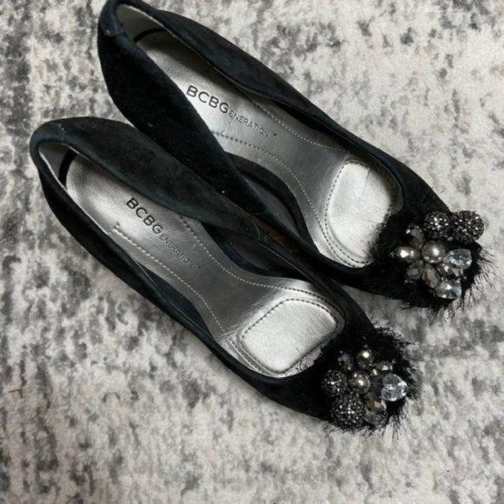 BCBGeneration Black Suede‎ Jeweled Platform Heels
